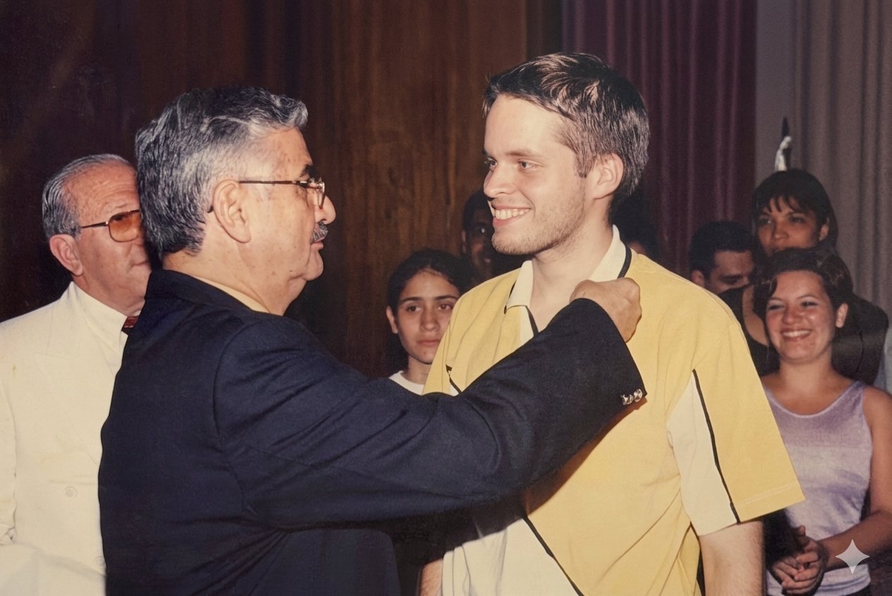 Christian Kaatz being congratulated by a senior Rotary leader at the founding of Rotaract Club Villarrica